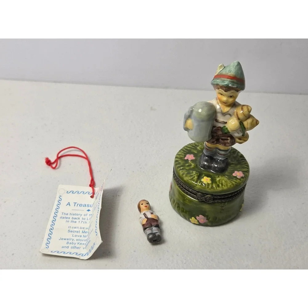 Porcelain Trinket Box Bavarian Boy Lederhosen Beer Stein Limoges Style